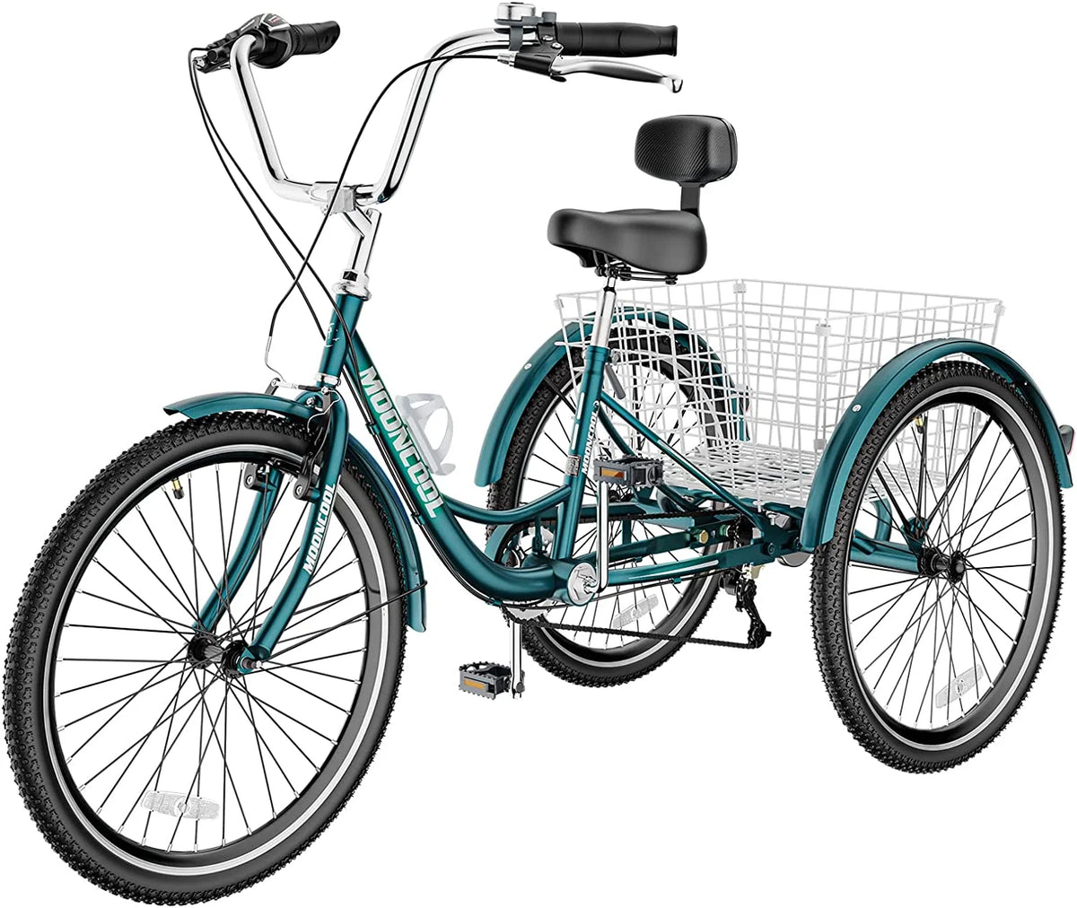 Tricycles pour adultes MOONCOOL avec panier arrière et pompe à pied, vélos à 3 roues 7 vitesses de 24 et 26 pouces, vélo à trois roues pour adultes avec dossier pour seniors, femmes et hommes