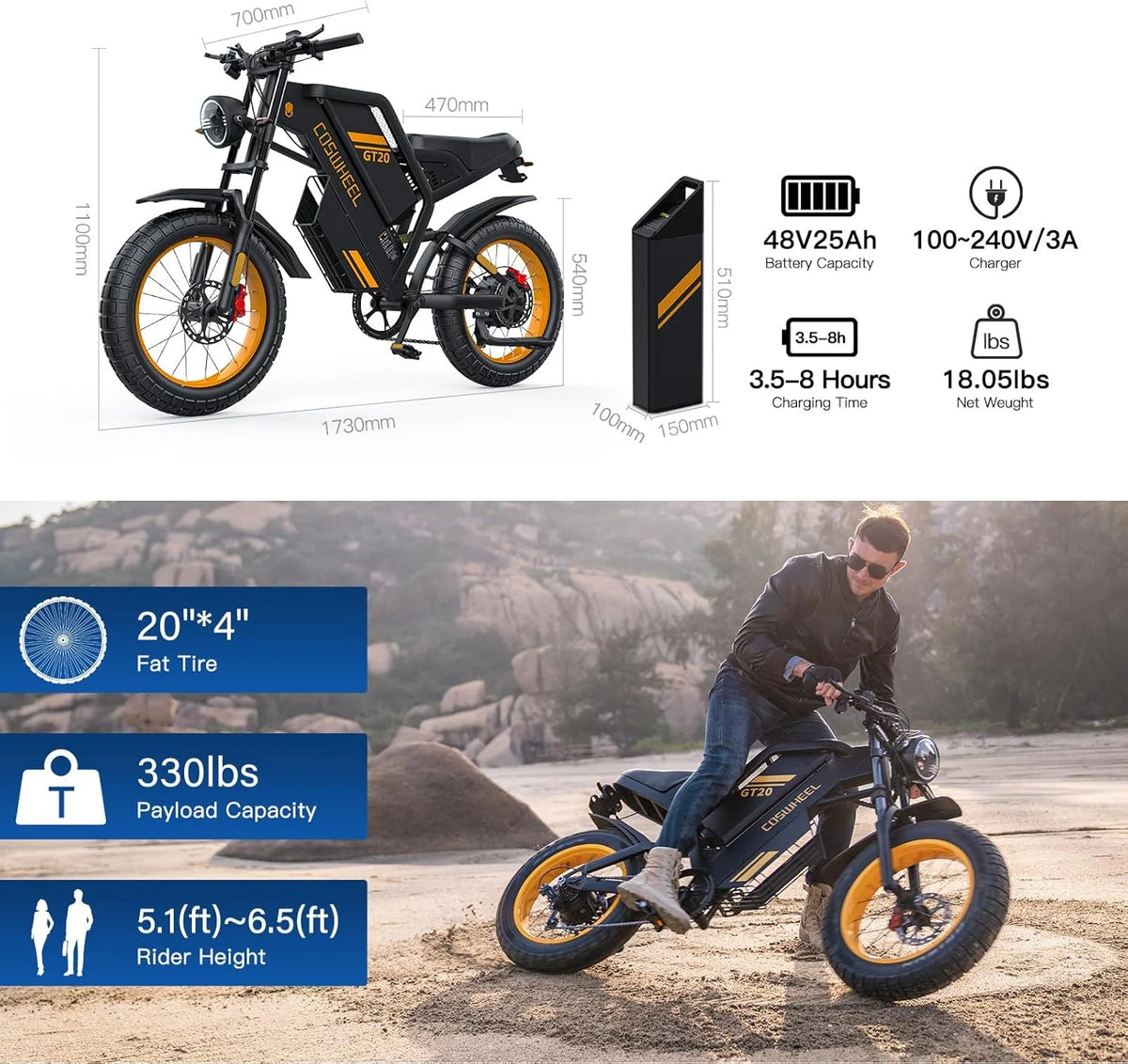 Vélo électrique COSWHE GT20 pour adultes, moto tout-terrain électrique avec moteur de 1 500 W, batterie amovible 48 V/25 Ah, jusqu’à 31 mi/h et 93 miles d’autonomie, moto électrique à 7 vitesses avec pneus larges 20 x 4,0, vélos électriques pour adultes