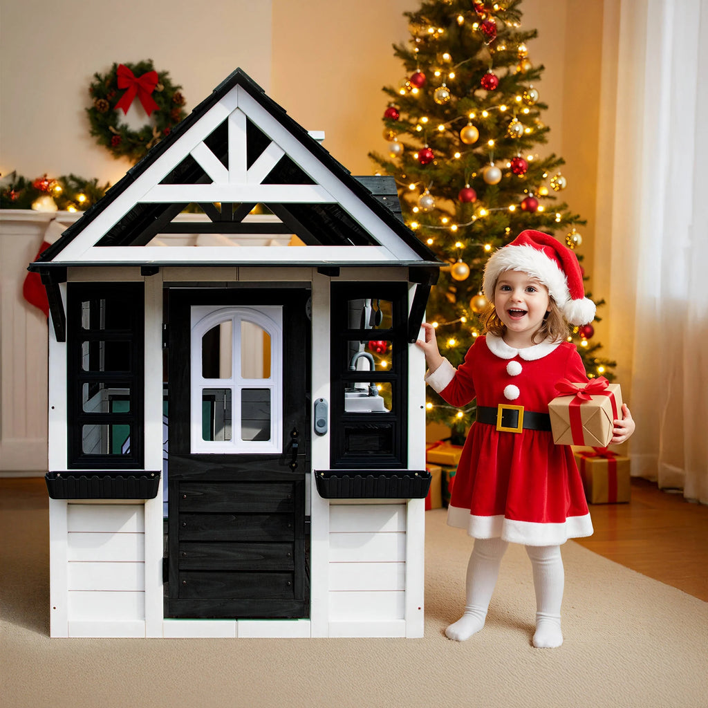 COCLUB Maison de jeu d’extérieur pour enfants de 4 à 8 ans, maison en bois avec sonnette, téléphone et jouets de cuisine, équipement de jeu extérieur pour enfants, maison pour filles (45L x 65H), blanc et noir