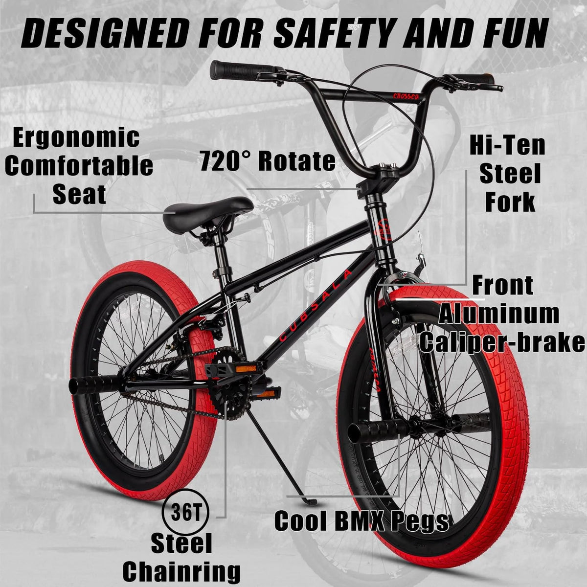 cubsala 20 Vélo BMX Freestyle pour enfants de 6 à 14 ans, garçons et filles, avec 4 cales, noir avec pneus rouges