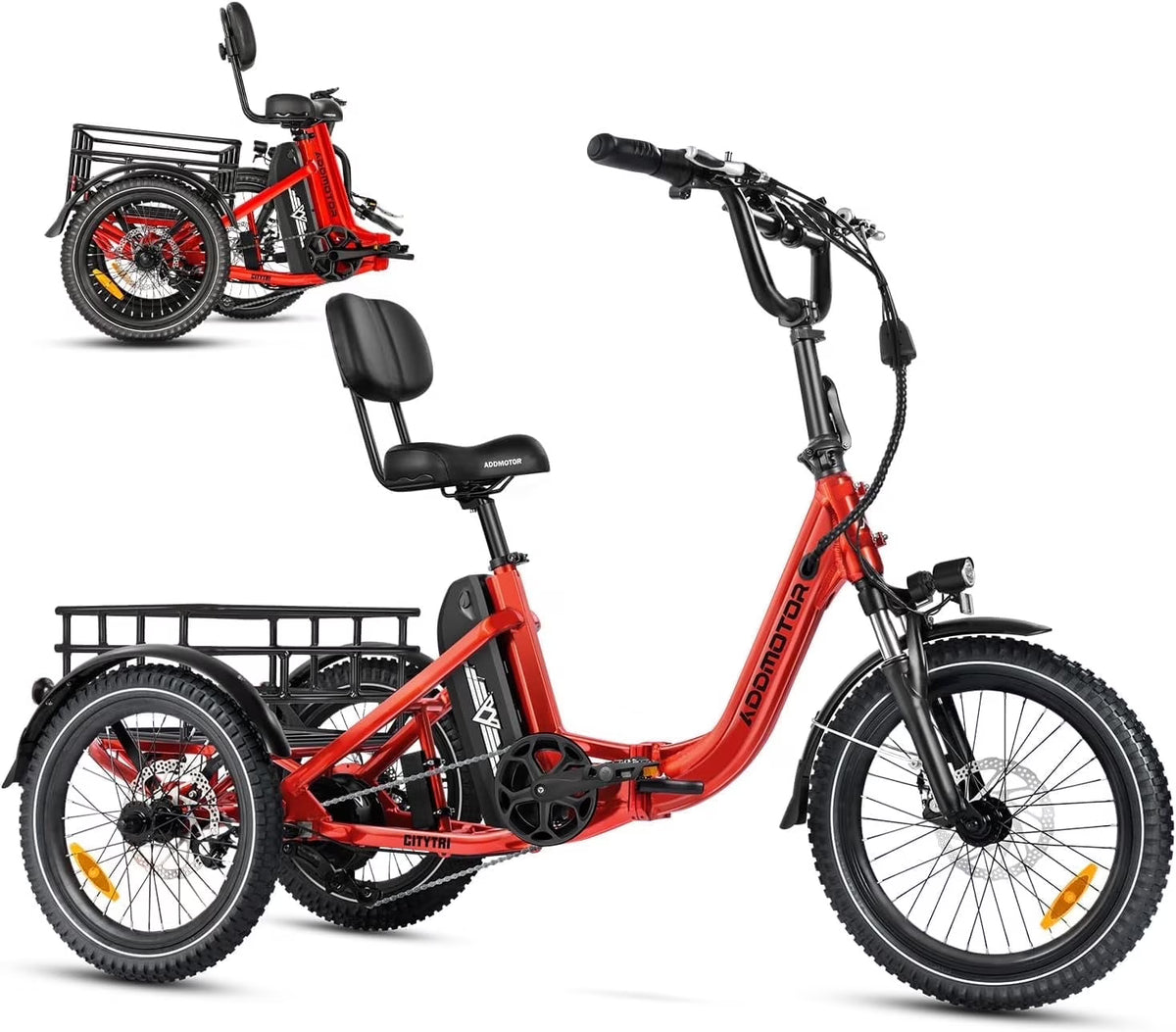 Tricycle électrique pliant Addmotor, tricycle électrique 90 mi pour adultes, 750 W 48 V 20 Ah, vélos électriques à 3 roues CITYTRI, tricycle à cadre ouvert avec différentiel de vitesse arrière et frein de stationnement, E-310 Plus rouge