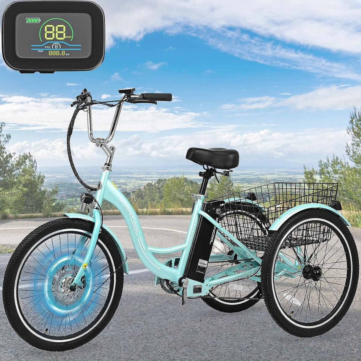 Tricycle électrique ABORON 350W, 7 vitesses, 24/26 pouces, motorisé, 3 roues, pour adultes, avec batterie au lithium 36V 10Ah certifiée UL, panier arrière