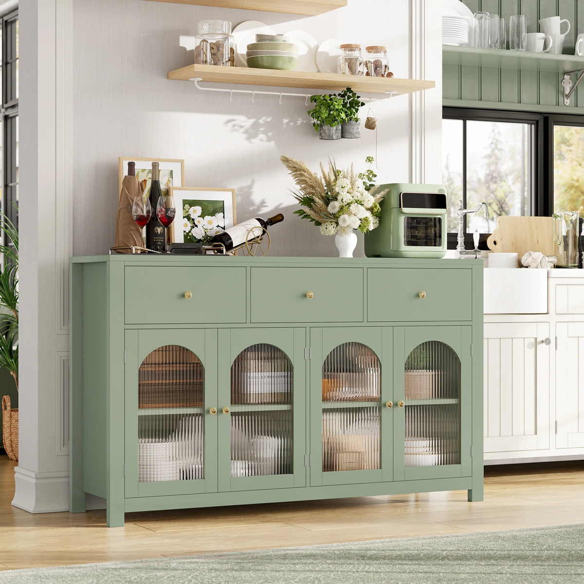 Homfa Grand buffet de 55'', meuble de rangement de cuisine avec 3 tiroirs et 4 portes vitrées, meuble bar en bois pour salon, blanc