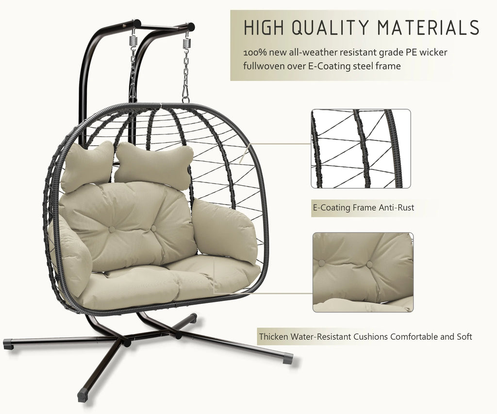 Bifanuo Fauteuil œuf balancelle double en osier, canapé suspendu pliant avec support, coussins amovibles résistants aux UV, capacité de 700 lb pour chambre, balcon (noir et beige)