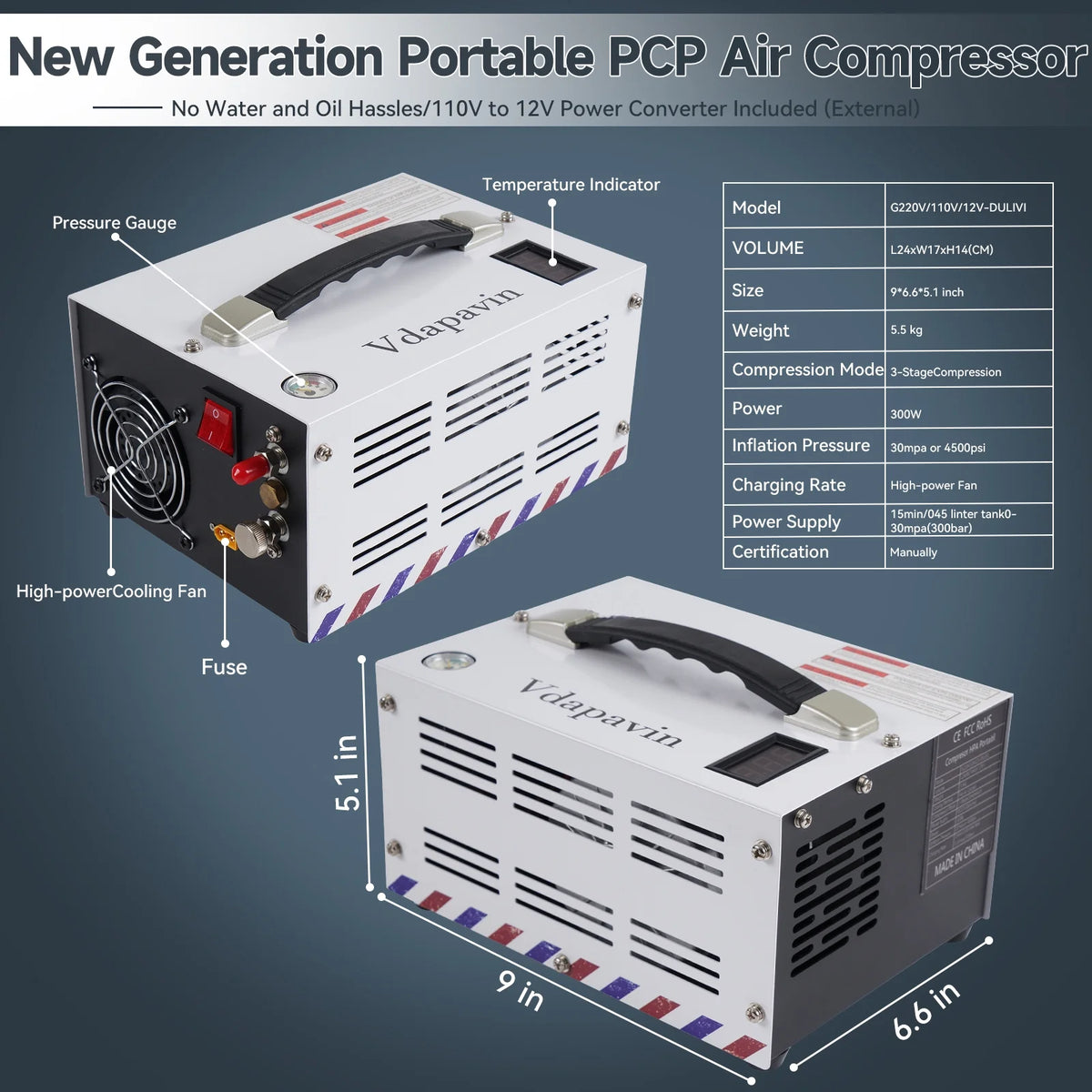 Compresseur d’air PCP, 4 500 PSI / 30 MPa - Pompe portable et puissante 12 V CC/110 V CA
