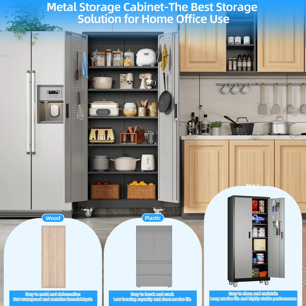 SUPEER Armoires de rangement métalliques à roulettes avec portes verrouillables et 5 étagères réglables, Armoire de rangement en acier pour garage, bureau, salle de classe, Assemblage requis(Noir)