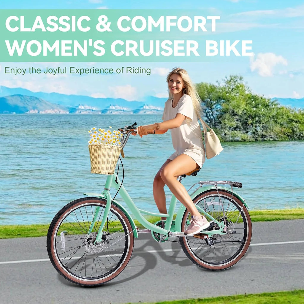 26 Vélos de Plage pour Femme, Vélos Pipleo pour Femme avec Panier en Rotin, 7 Vitesses & Cadre Ouvert