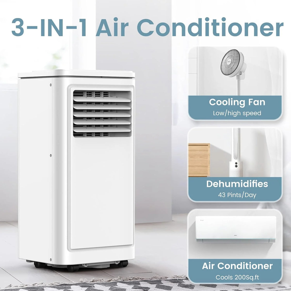 Climatiseur portable Auseo, 8 000 BTU ASHRAE, climatiseur silencieux 4-en-1 avec déshumidificateur, ventilateur, mode sommeil et filtre lavable pour des pièces allant jusqu’à 350 pi²