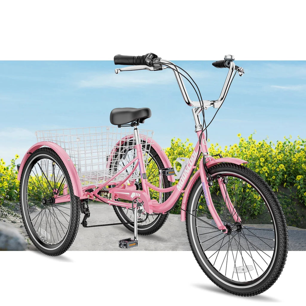 Tricycles pour adultes MOONCOOL avec panier arrière et pompe à pied, vélos à 3 roues 7 vitesses de 24 et 26 pouces, vélo à trois roues pour adultes avec dossier pour seniors, femmes et hommes
