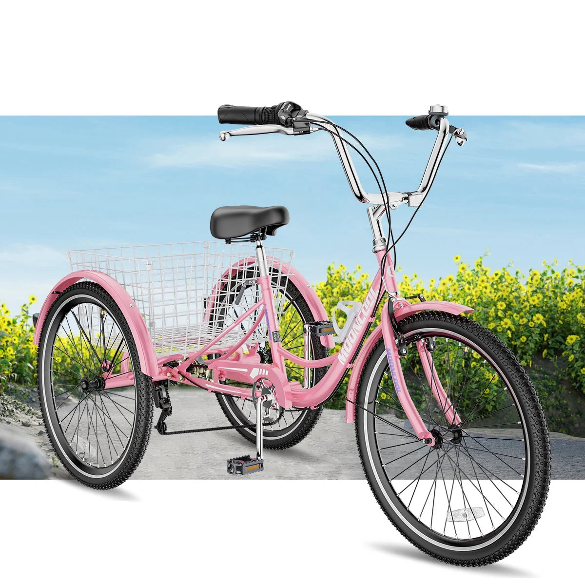 Tricycles pour adultes MOONCOOL avec panier arrière et pompe à pied, vélos à 3 roues 7 vitesses de 24 et 26 pouces, vélo à trois roues pour adultes avec dossier pour seniors, femmes et hommes