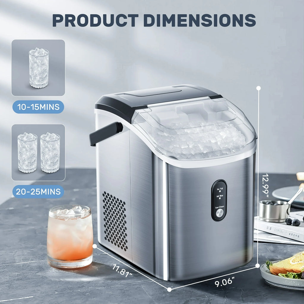 Machine à glaçons Auseo SS Nugget de comptoir avec glaçons tendres à mâcher, 35 lbs/24 h, autonettoyante, pelle à glaçons, acier inoxydable argenté, pour cuisine/bureau/fête