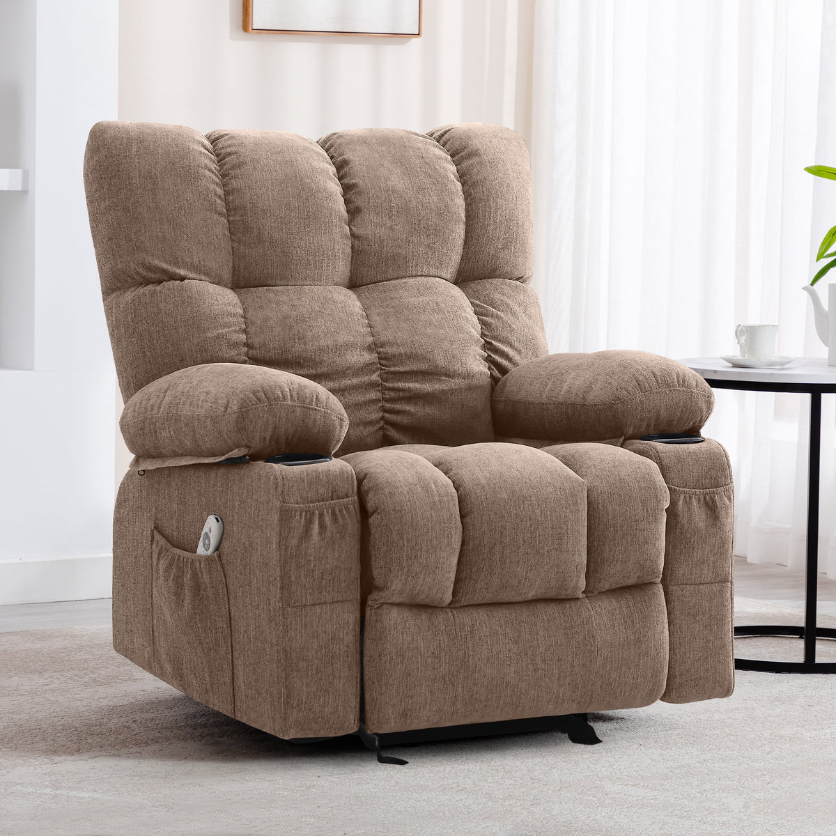 Fauteuil inclinable manuel JONPONY avec fonction de massage et de chauffage, mécanisme d’inclinaison robuste, fauteuil à bascule individuel pour personnes âgées avec porte-gobelets, pour chambre et salle de cinéma maison, gris