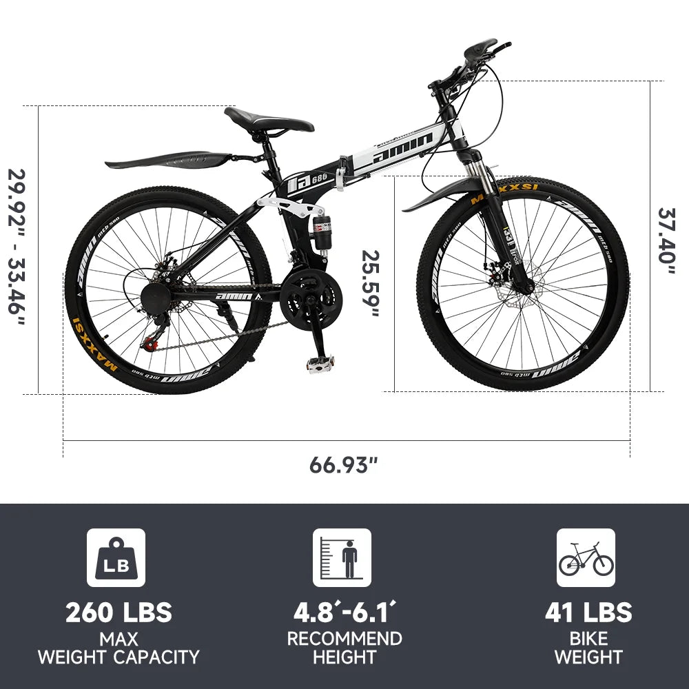 VTT pliant Artudatech 26 pouces Shimano 21 vitesses double frein à disque - Adulte - Rouge