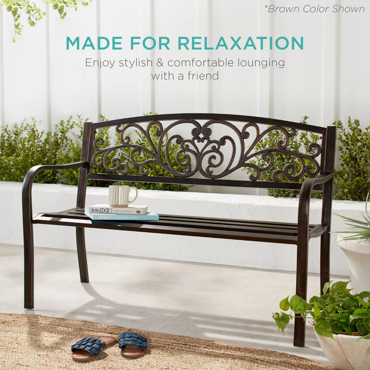 Best Choice Products Banc en Acier d'Extérieur Jardin Patio Porche Meuble avec Dossier à Motif Floral - Noir