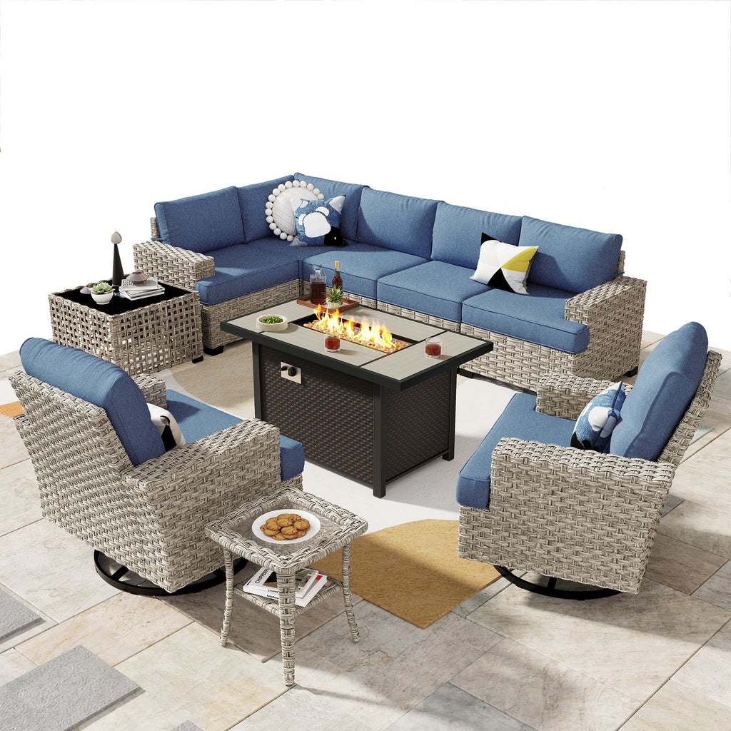Ovios Salon de jardin modulable moderne en résine tressée toutes saisons à dossier haut, 10 pièces, avec table brasero au propane et fauteuil pivotant, gris foncé