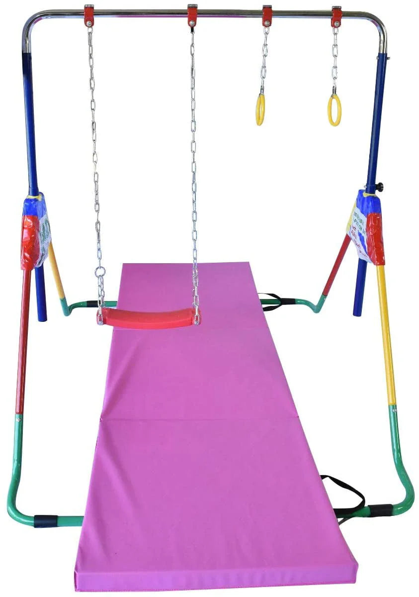 Adjustable Height Gymnastics Bar for Kids Kip Bar 6 in 1 Set, 6'x2' Gymnastic Tumble Mat, Swing Seat, 2 Trapeze Rings, Basketball Hoop, Home Junior Training Monkey Bars Fitness Balance Horizontal Bar