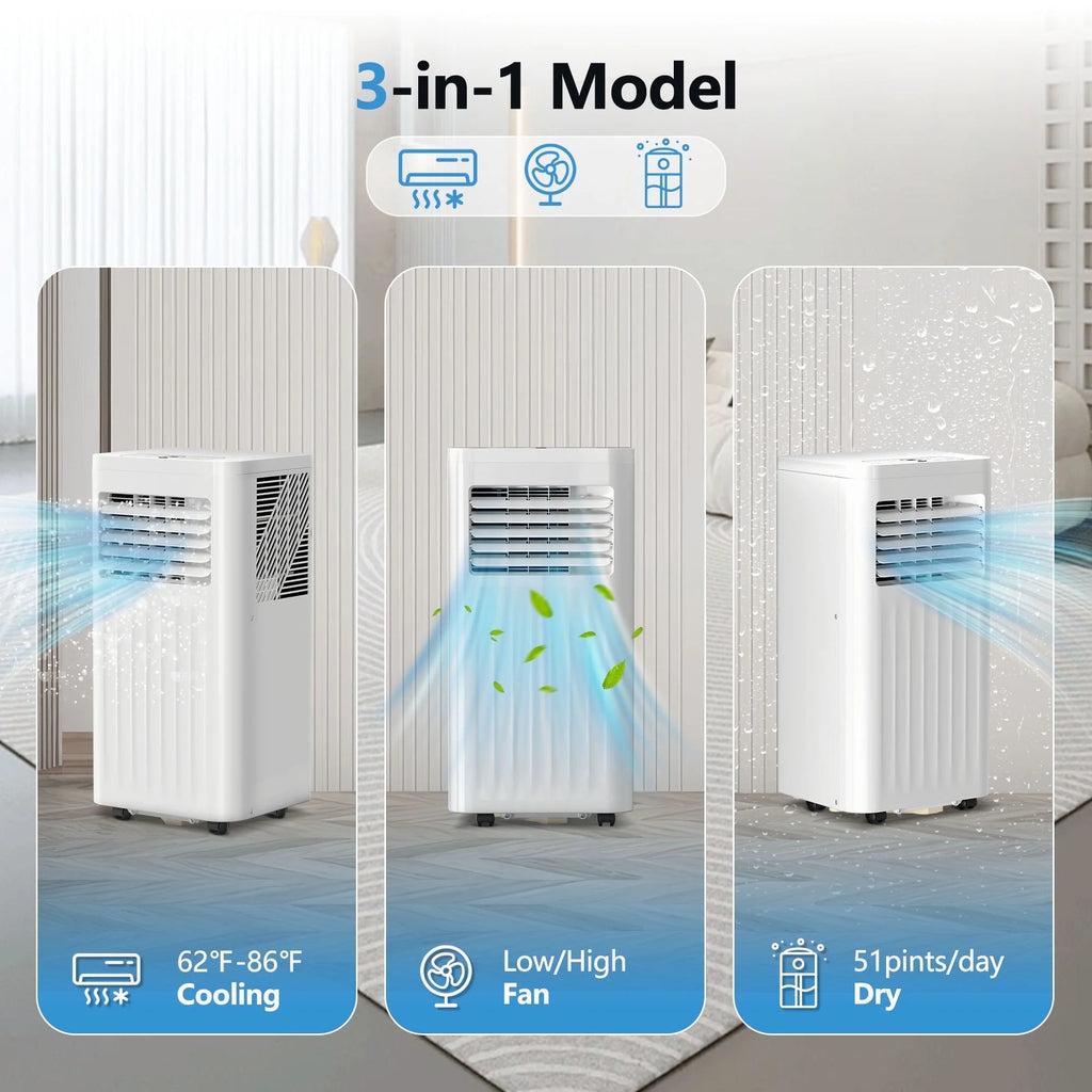 Climatiseur portable Auseo 8 000 BTU ASHRAE, pour des espaces allant jusqu’à 32,5 m², 3-en-1 avec déshumidificateur, ventilateur et mode sommeil, télécommande et minuterie 24 heures