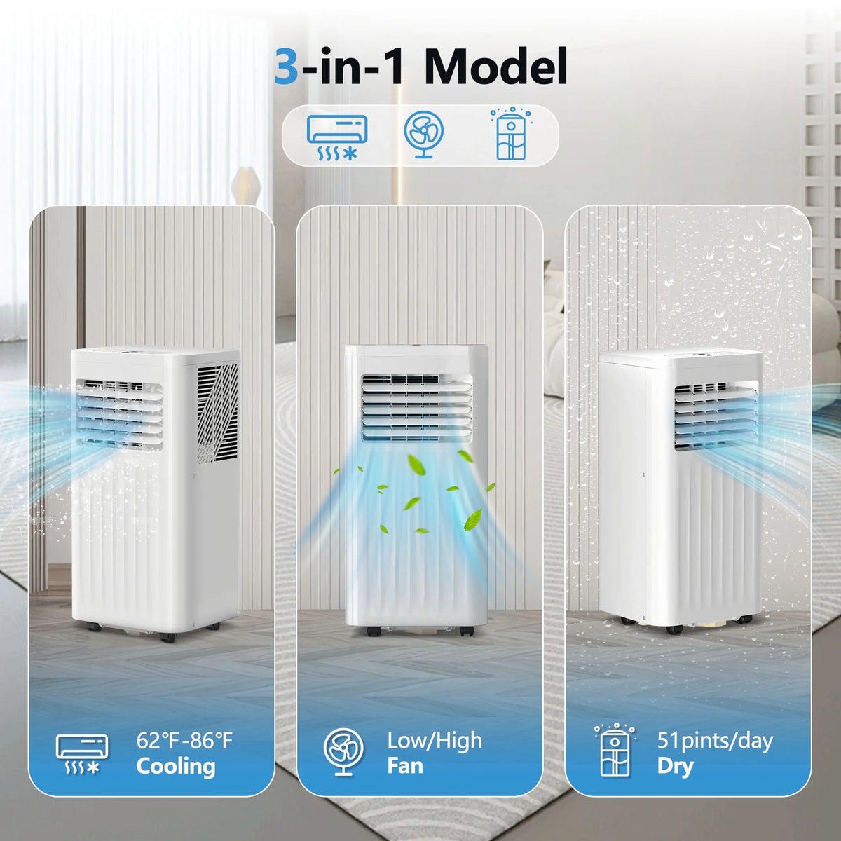 Climatiseur portable Auseo 8 000 BTU ASHRAE, pour des espaces allant jusqu’à 32,5 m², 3-en-1 avec déshumidificateur, ventilateur et mode sommeil, télécommande et minuterie 24 heures