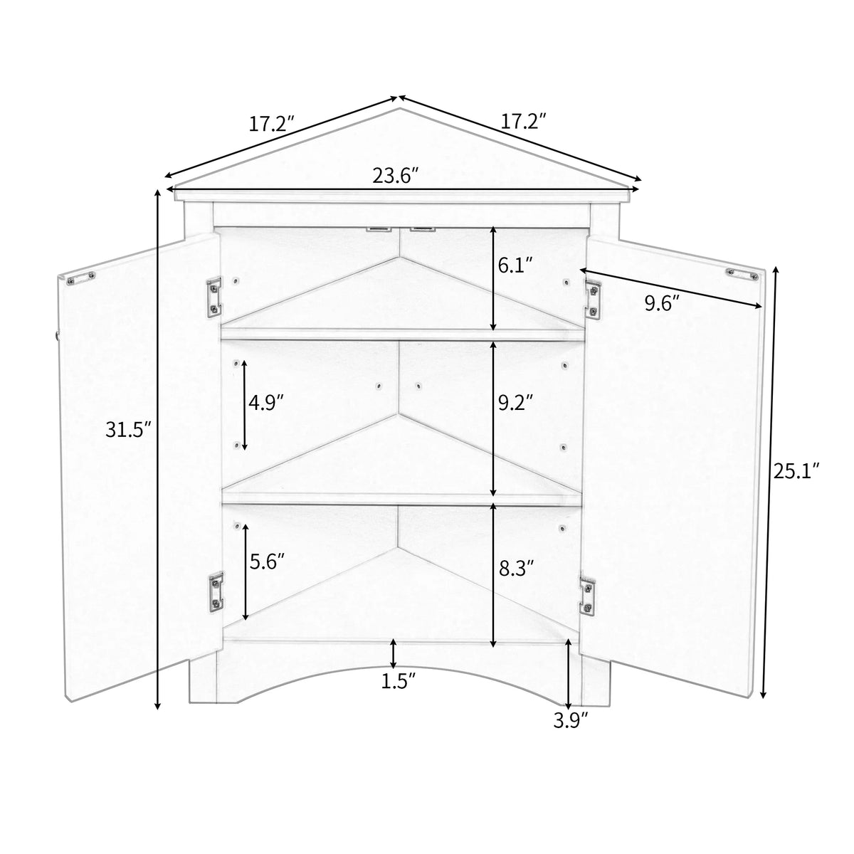 Meuble d’angle de sol avec étagères réglables et deux portes, meuble de rangement triangulaire pour salle de bains, meuble de sol autoportant de style moderne pour cuisine, salon et entrée, chêne