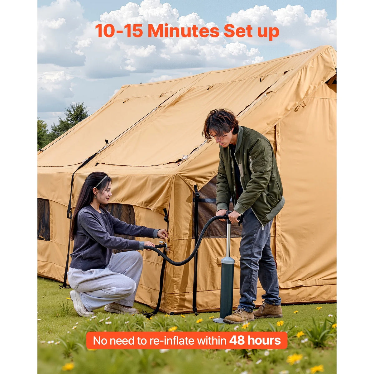 Tente gonflable KFFKFF pour le camping, 15,75 x 11,81 x 7,22 pi, tente gonflable de glamping pour 8 à 12 personnes, abri de camping gonflable, tente de vie en plein air avec deux puits de lumière et une sortie de cheminée