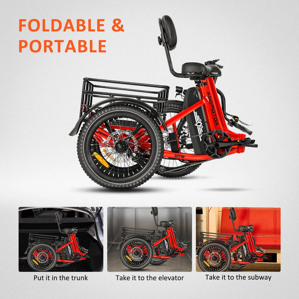 Tricycle électrique pliant Addmotor, tricycle électrique 90 mi pour adultes, 750 W 48 V 20 Ah, vélos électriques à 3 roues CITYTRI, tricycle à cadre ouvert avec différentiel de vitesse arrière et frein de stationnement, E-310 Plus rouge