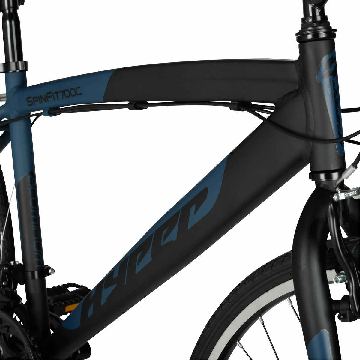 Vélo hybride Hyper Brand Bicycle 700c Spin Fit pour homme, noir et bleu, adulte