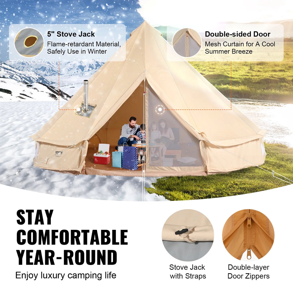 Tente cloche en toile VEVOR, tente yourte 4 saisons de 4 m/13,12 pieds, tente en toile pour le camping avec prise de poêle, tente respirante pouvant accueillir jusqu'à 6 personnes, pour le camping en famille, la chasse, les fêtes en plein air.