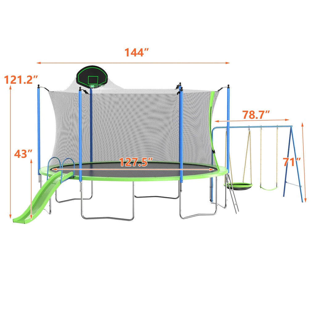 Trampoline de 12 pieds avec toboggan, balançoires, trampoline récréatif SEGMART avec panier de basket et échelle, trampoline d’extérieur robuste pour jardin avec filet pour enfants et adultes, vert