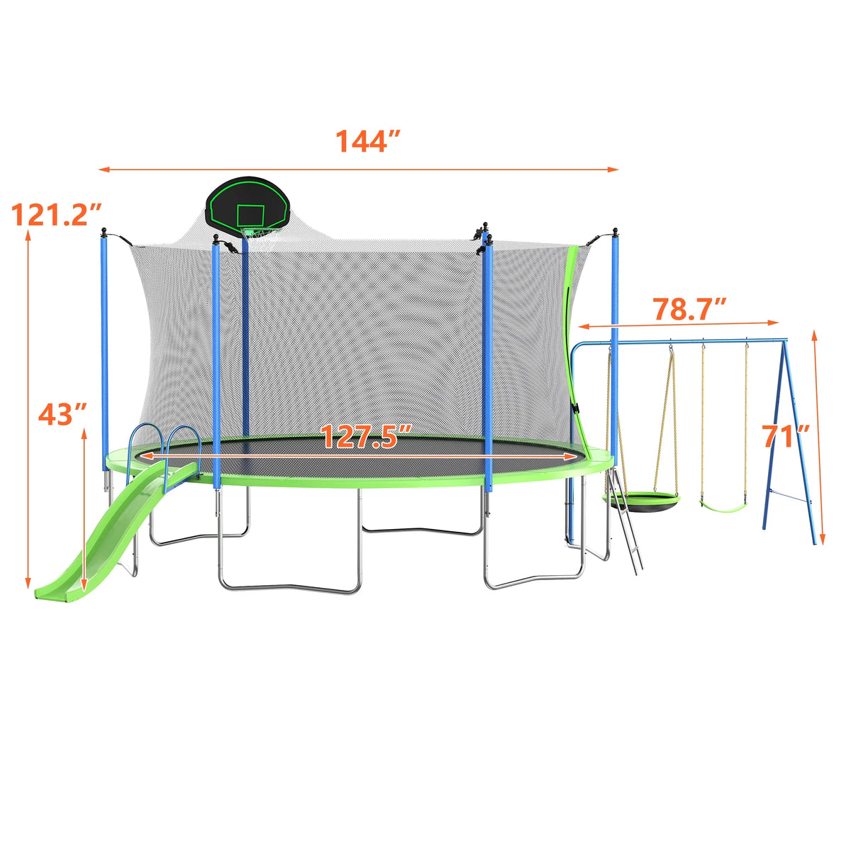 Trampoline de 12 pieds avec toboggan, balançoires, trampoline récréatif SEGMART avec panier de basket et échelle, trampoline d’extérieur robuste pour jardin avec filet pour enfants et adultes, vert