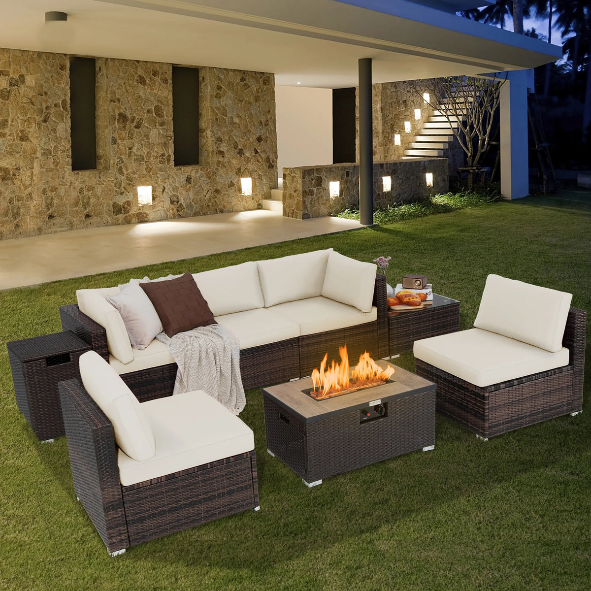 Costway Salon de Jardin en Rotin 8 Pièces avec Table Brasero et Couvercle Noir pour Terrasse