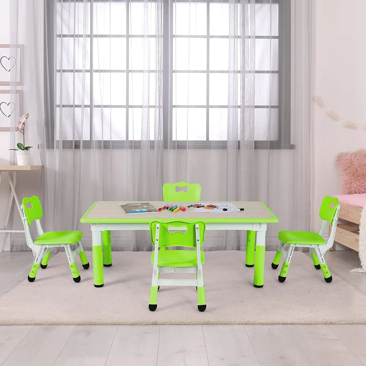 Ensemble table et 4 chaises pour enfants LAZY BUDDY, bureau réglable en hauteur pour tout-petits avec plateau graffiti, ensemble de table d’activités pour enfants pour crèche et maison