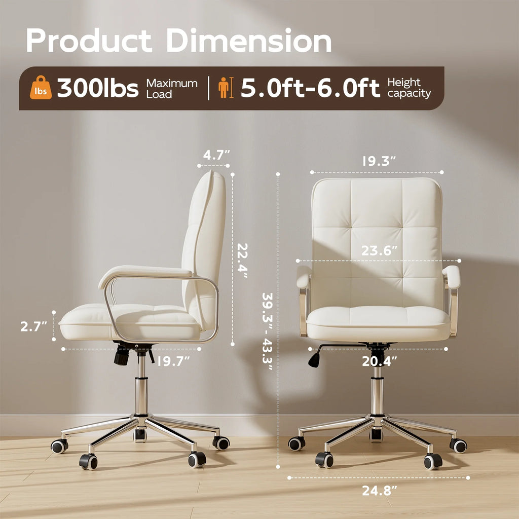 Chaise de bureau Solfway blanche, fauteuil de bureau pivotant en cuir avec roulettes et accoudoirs rembourrés, fauteuil de direction pour adultes