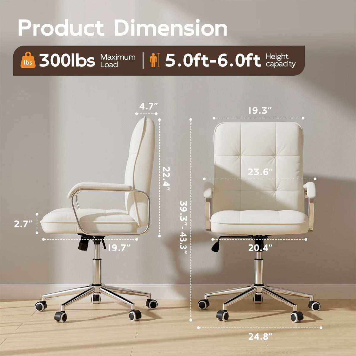 Chaise de bureau Solfway blanche, fauteuil de bureau pivotant en cuir avec roulettes et accoudoirs rembourrés, fauteuil de direction pour adultes
