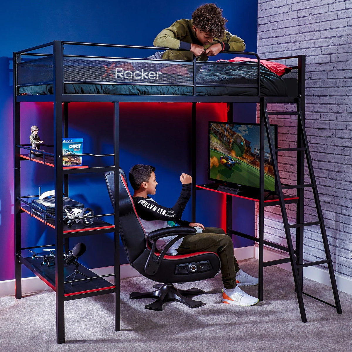 Lit superposé gaming X Rocker Fortress avec bureau et étagères, 1 place, noir/rouge, lit mezzanine, enfants, adolescents