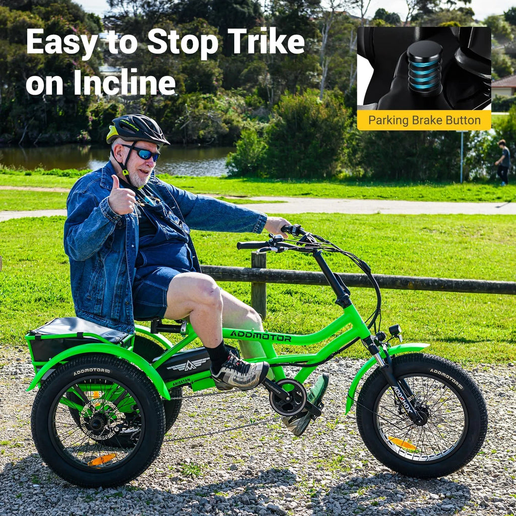 Tricycle électrique semi-allongé Addmotor M-360II, 85 mi, vélo électrique à 3 roues avec pneus larges pour adultes, tricycle électrique 750 W 48 V 20 Ah pour seniors, 20 pouces, avec différentiel de vitesse, vert