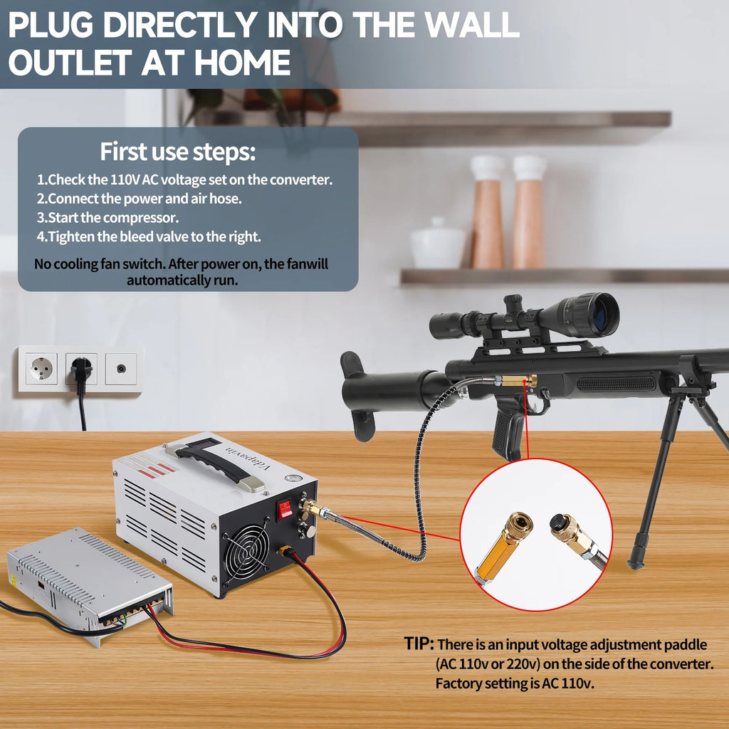 Compresseur d’air PCP, 4 500 PSI / 30 MPa - Pompe portable et puissante 12 V CC/110 V CA