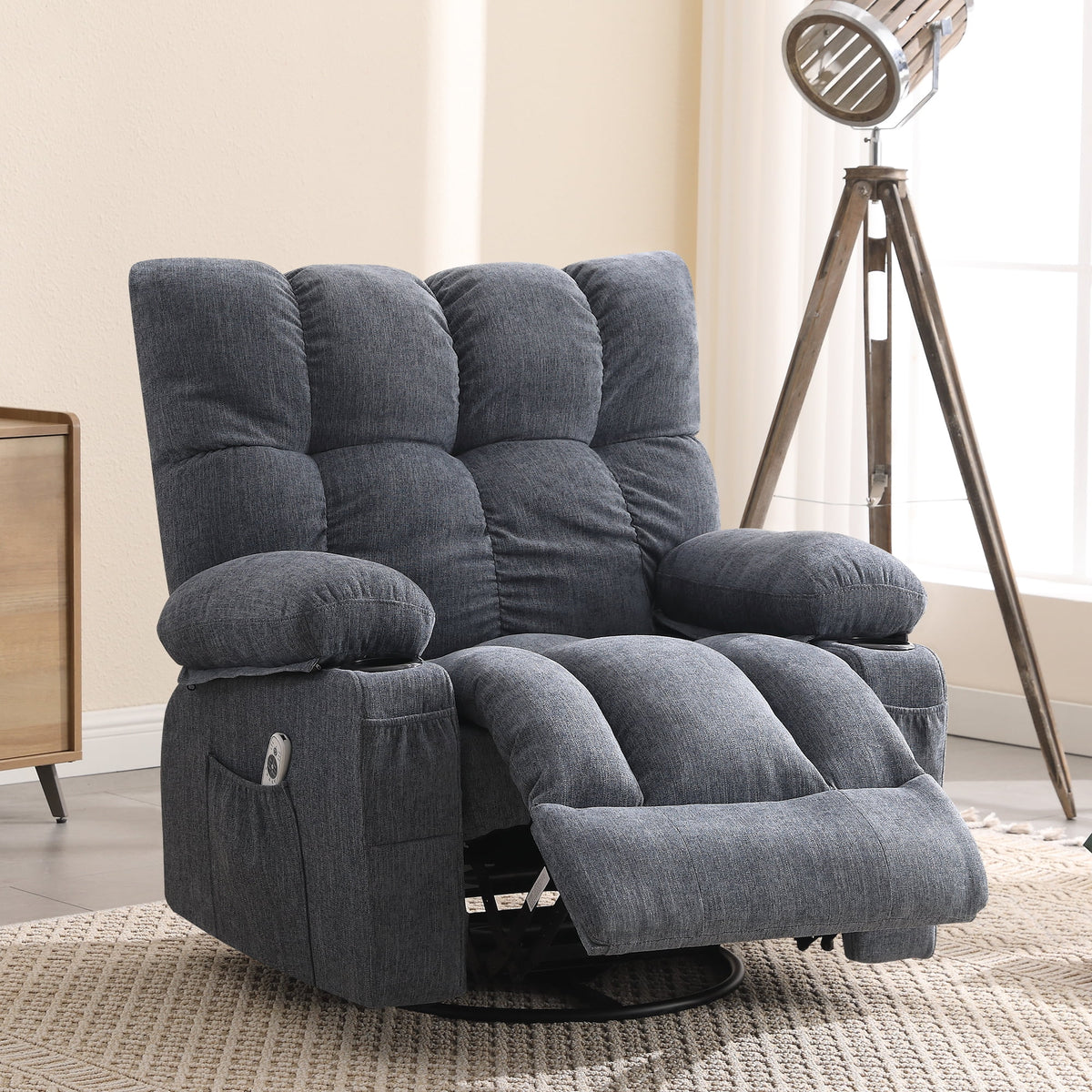 Fauteuil inclinable manuel JONPONY avec fonction de massage et de chauffage, mécanisme d’inclinaison robuste, fauteuil à bascule individuel pour personnes âgées avec porte-gobelets, pour chambre et salle de cinéma maison, gris