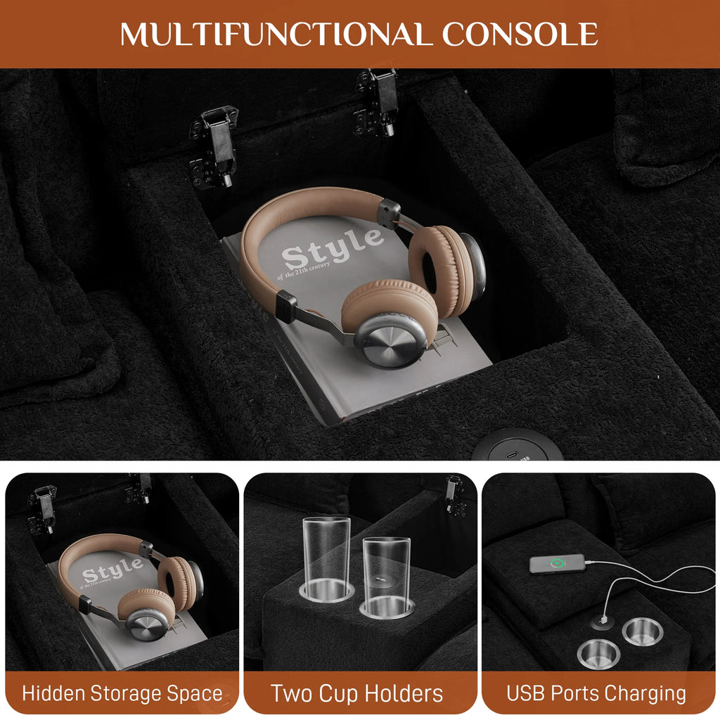 Canapé modulable en U Wiilayok Cloud Couch, méridienne double extra profonde de 124 cm en chenille duveteuse, console centrale avec ports USB-C et A doubles, gris tempête