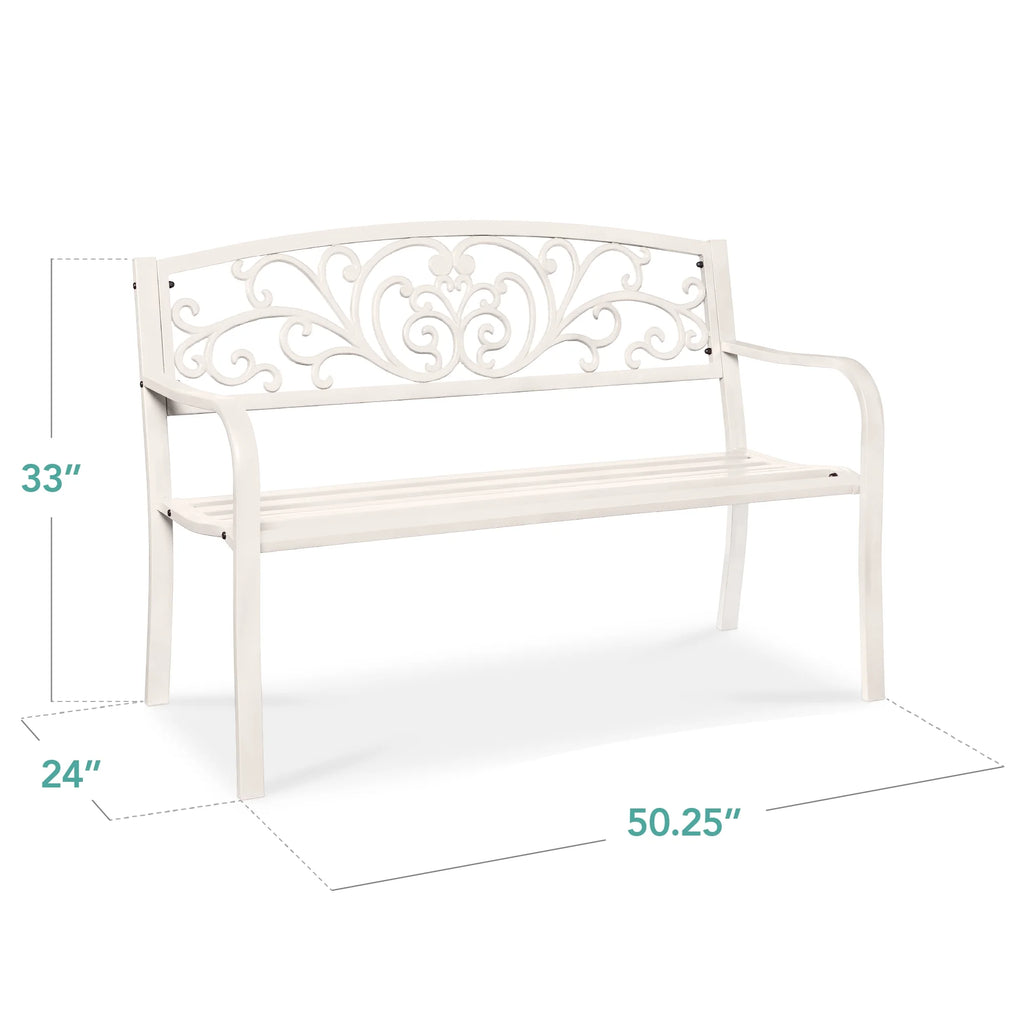 Best Choice Products Banc en Acier d'Extérieur Jardin Patio Porche Meuble avec Dossier à Motif Floral - Noir