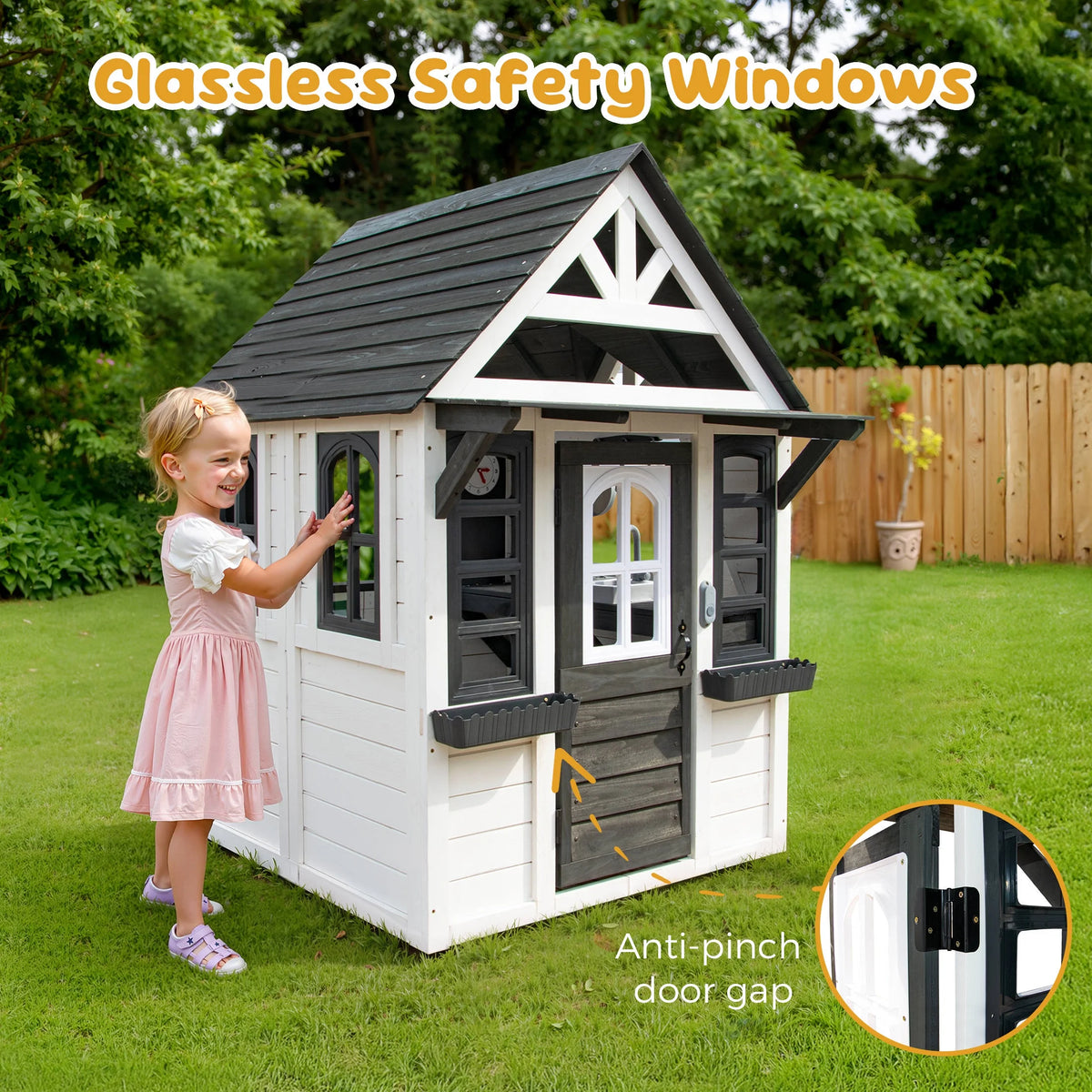 COCLUB Maison de jeu d’extérieur pour enfants de 4 à 8 ans, maison en bois avec sonnette, téléphone et jouets de cuisine, équipement de jeu extérieur pour enfants, maison pour filles (45L x 65H), blanc et noir