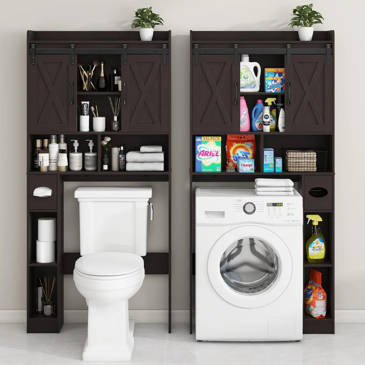 Meuble de rangement au-dessus des toilettes, meuble de rangement de style maisonnette au-dessus des toilettes avec portes coulissantesÉtagère de rangement gain de place pour toilettes, pour salle de bains, toilettes, buanderie