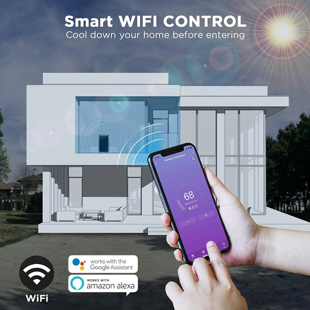 Climatiseur portable intelligent Wi-Fi TURBRO 14 000 BTU, refroidissement puissant jusqu’à 600 pi², 3 fonctions en 1 avec télécommande rétroéclairée, compatible avec la commande vocale Alexa, installation facile, série Greenland, noir