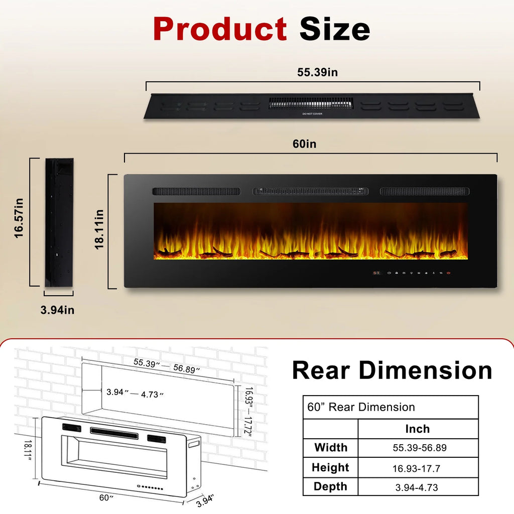 Cheminée électrique 60, cheminée encastrable ultra-fine et murale, cheminée linéaire avec minuterie, télécommande, couleur de flamme réglable, 750 w/1 500 w, noire