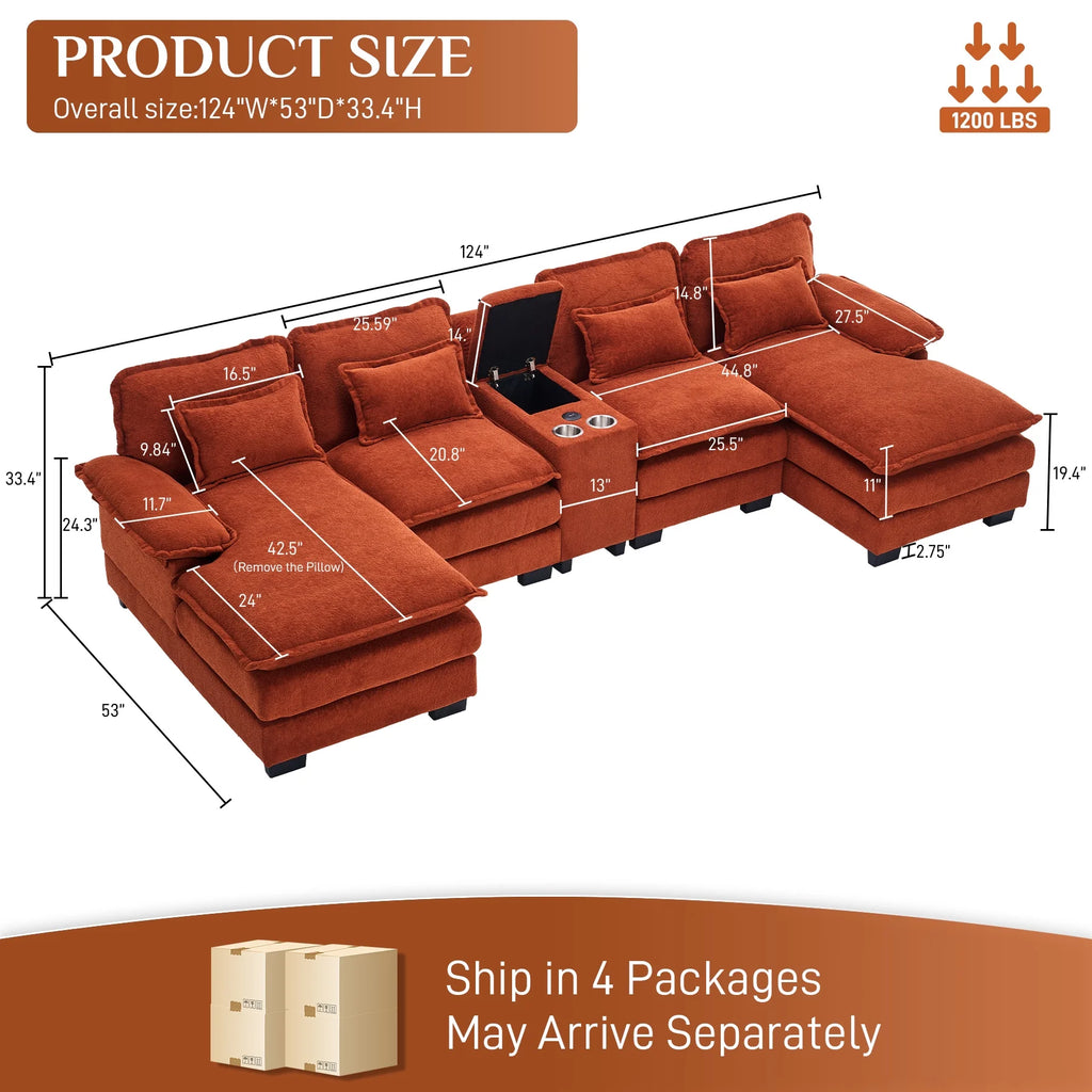 Canapé modulable en U Wiilayok Cloud Couch, méridienne double extra profonde de 124 cm en chenille duveteuse, console centrale avec ports USB-C et A doubles, gris tempête