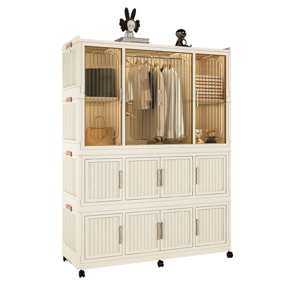 Penderie portable pour enfants Montary avec portes magnétiques et tringle – Meuble de rangement en plastique à 4 casiers pour chambre d'enfant