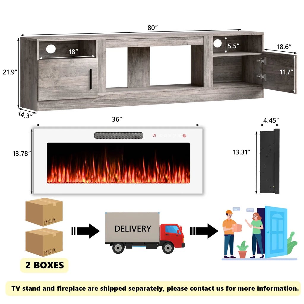 Meuble TV avec cheminée Waleaf avec cheminée électrique de 36 pouces pour téléviseurs jusqu’à 80 pouces, console multimédia moderne en bois avec meuble éclairé, blanc