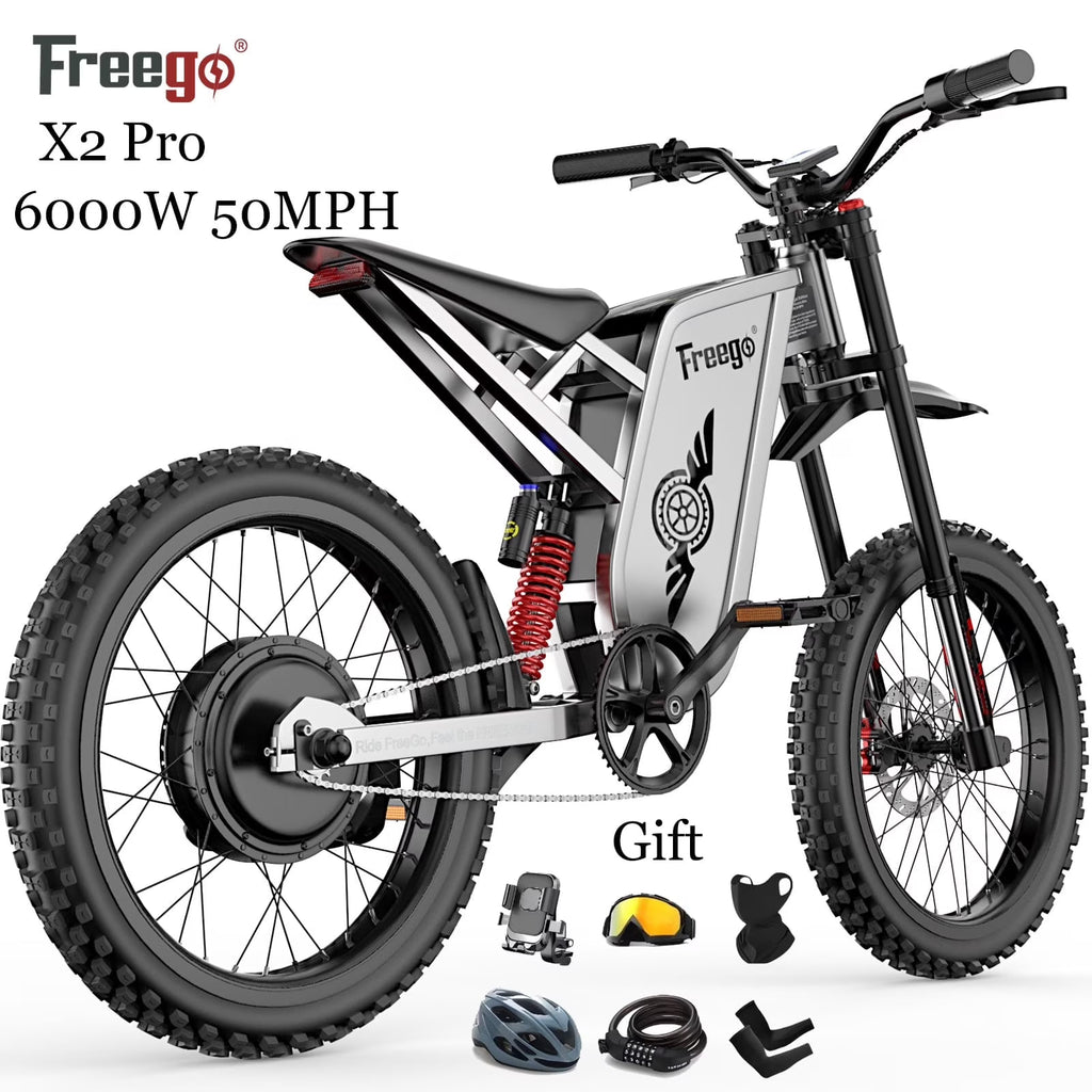 Moto électrique Freego X2Pro pour adultes avec moteur de 6 000 W (crête), batterie 60 V/30 Ah, vélo électrique tout-terrain de 80 km/h à 7 vitesses, suspension intégrale 19x2, frein hydraulique à quatre pistons, UL2849MTB
