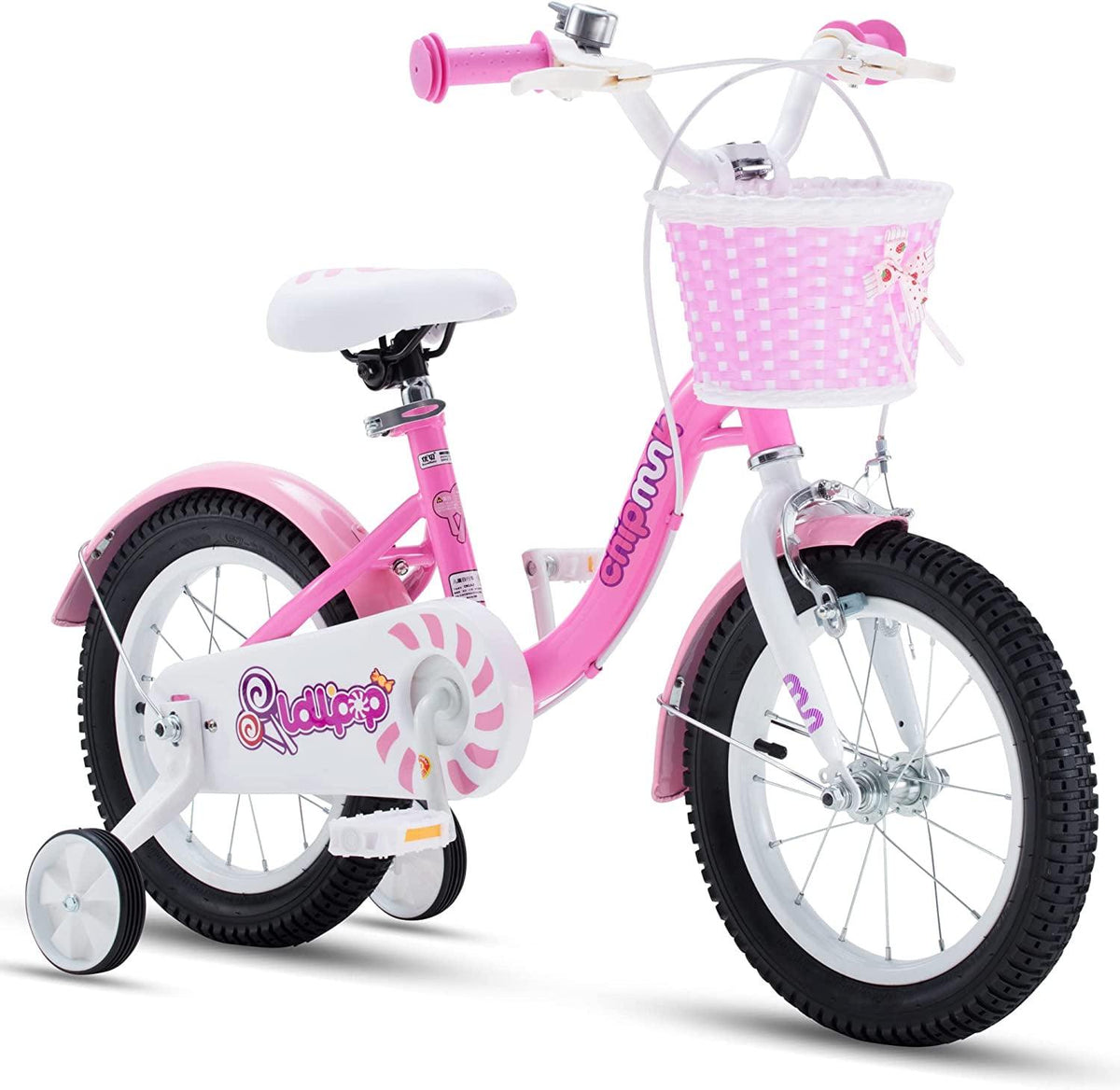 Vélo pour fille RoyalBaby Chipmunk avec panier et roues d’apprentissage, 14 pouces, rose sucette