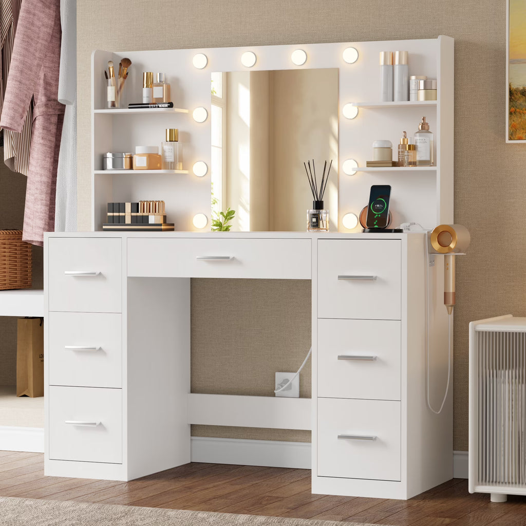 Coiffeuse Lacoo avec miroir et éclairage LED, coiffeuse de maquillage avec 7 tiroirs et 4 étagères, table de toilette avec prise électrique pour chambre ou dressing, blanc