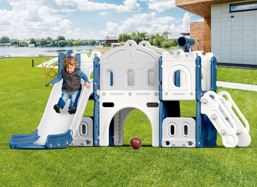 KORIMEFA Ensemble toboggan 8 en 1 pour enfants avec structure d’escalade, toboggan d’escalade pour tout-petits avec panier de basket, tunnel, aire de jeux extérieure et intérieure pour tout-petits, toboggan d’escalade, dès 1 an